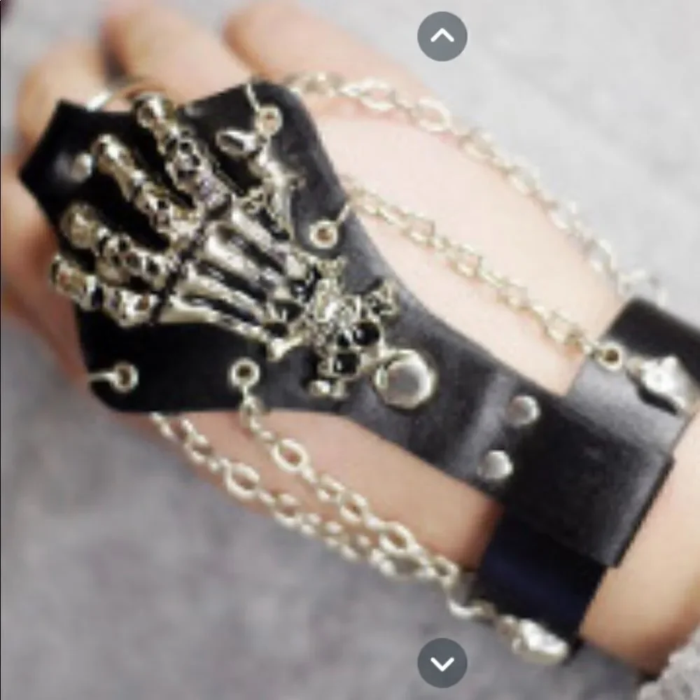 Unisex skeleton skull hand glove chain link leather with finger hold .